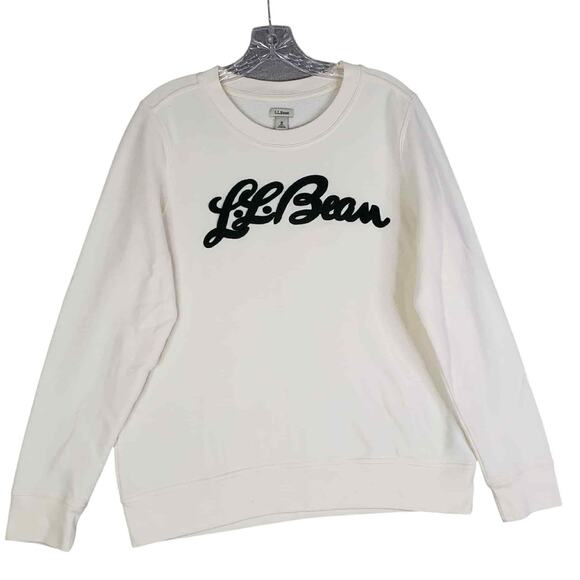 LL Bean Crewneck Pullover Crewneck Sweatshirt Size Medium M Off White Logo - Picture 2 of 8